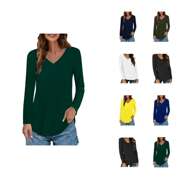 Fall Shirts for Women 2025 Solid Color Stretchy V-Neck Lightweight Basic Shirt Blouse Long Sleeve Shirts for Women