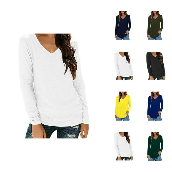 Fall Shirts for Women 2025 Solid Color Stretchy V-Neck Lightweight Basic Shirt Blouse Long Sleeve Shirts for Women