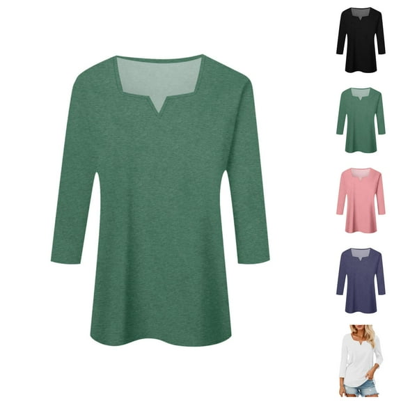 Fall Shirts for Women 2025 Solid Color V-Neck 3/4 Sleeve Slim Fit Basic Shirt Blouse Tops Long Sleeve Shirts for Women