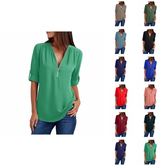 Fall Shirts for Women 2025 Solid Color V-Neck Zipper Chiffon Loose Casual Blouse Tops Long Sleeve Shirts for Women