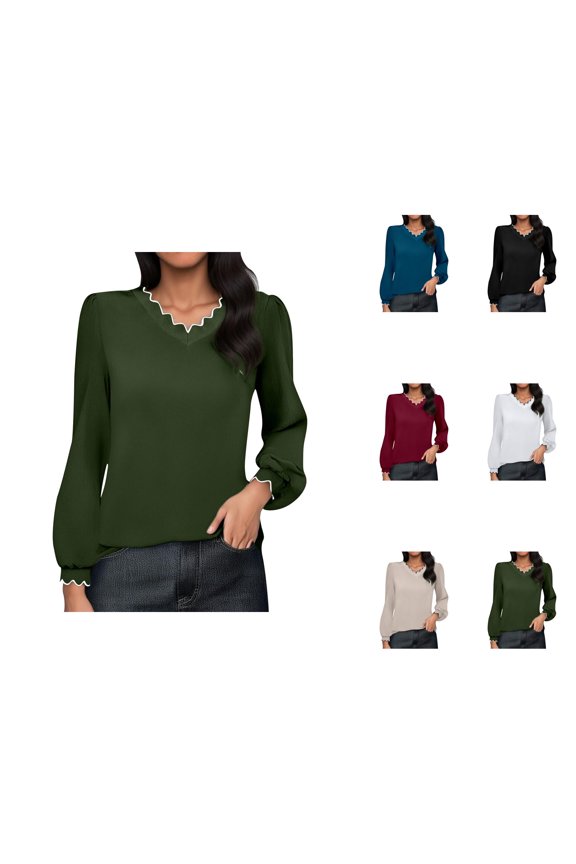 Fall Shirts for Women 2025 Solid Color Wave Trim V-Neck Loose Fit Going Out Tops Blouse Long Sleeve Shirts for Women