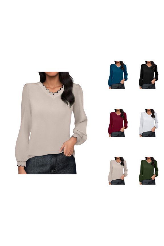 Fall Shirts for Women 2025 Solid Color Wave Trim V-Neck Loose Fit Going Out Tops Blouse Long Sleeve Shirts for Women