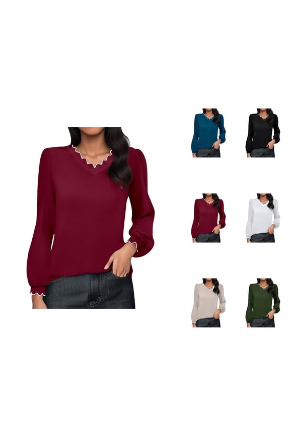 Fall Shirts for Women 2025 Solid Color Wave Trim V-Neck Loose Fit Going Out Tops Blouse Long Sleeve Shirts for Women