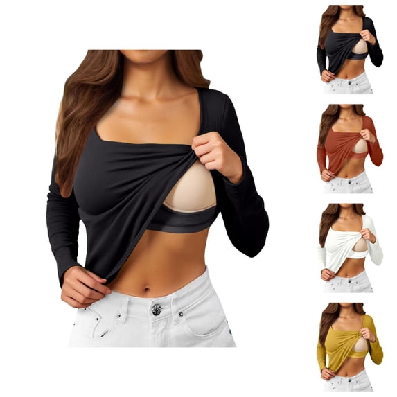 Fall Shirts for Women 2025 Solid Color Wireless Square Neck Basic Shirt with Built-in Bra Long Sleeve Shirts for Women