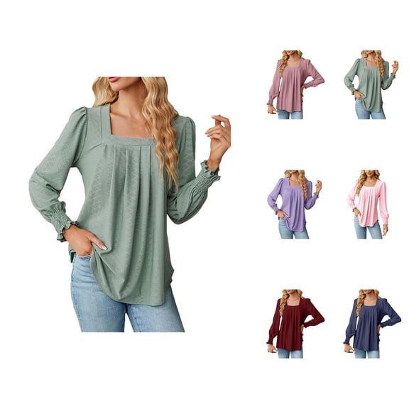 Fall Shirts for Women 2025 Square Neck Pleated Jacquard Dressy Tunics Going Out Tops Long Sleeve Shirts for Women