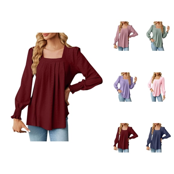 Fall Shirts for Women 2025 Square Neck Pleated Jacquard Dressy Tunics Going Out Tops Long Sleeve Shirts for Women