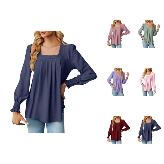 Fall Shirts for Women 2025 Square Neck Pleated Jacquard Dressy Tunics Going Out Tops Long Sleeve Shirts for Women