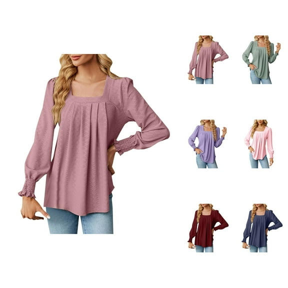 Fall Shirts for Women 2025 Square Neck Pleated Jacquard Dressy Tunics Going Out Tops Long Sleeve Shirts for Women
