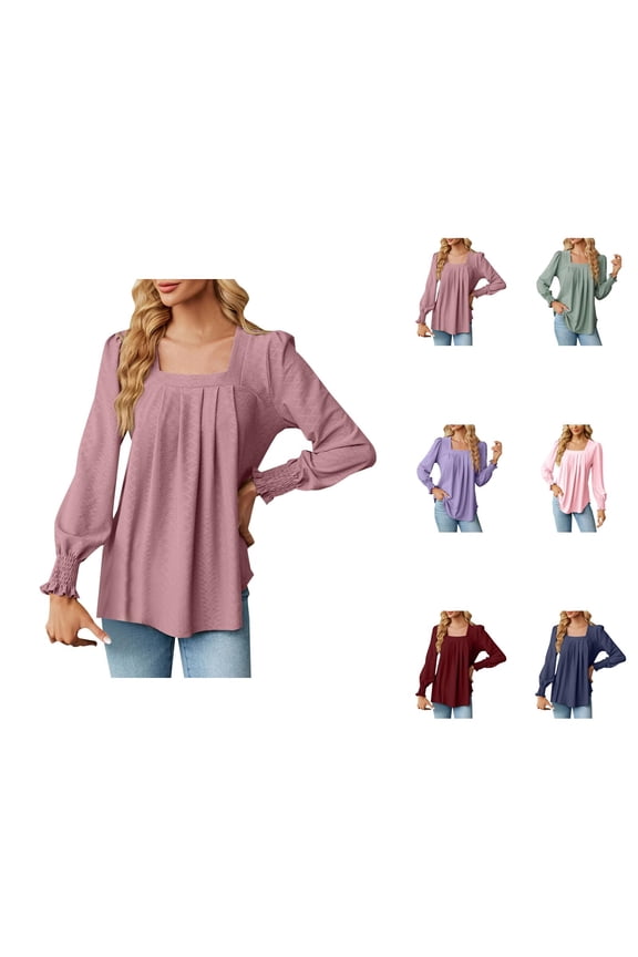 Fall Shirts for Women 2025 Square Neck Pleated Jacquard Dressy Tunics Going Out Tops Long Sleeve Shirts for Women
