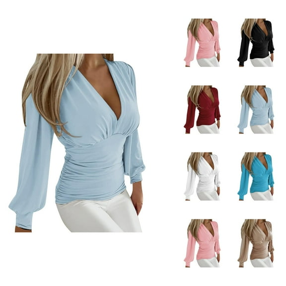 Fall Shirts for Women 2025 V-Neck Slim Fit Lattern Sleeve Pleated Going Out Tops Blouse Long Sleeve Shirts for Women