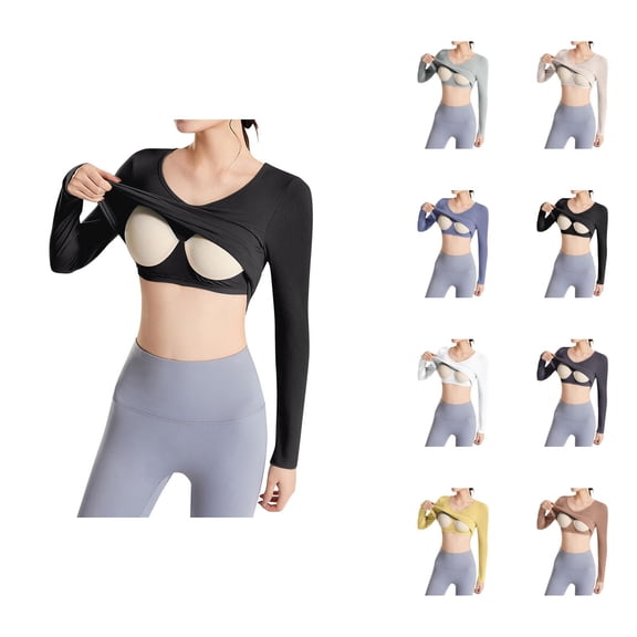 Fall Shirts for Women 2025 V-Neck Slim Fit Stretchy Cropped Basic Shirt with Built-in Bra Long Sleeve Shirts for Women