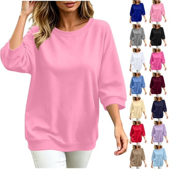 Fall Shirts for Women 3/4 Sleeve Fashion Plus Size Casual Solid Color Loose Blouse Round Neck Blouses Comfortable Top