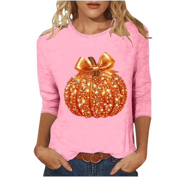 Fall Shirts for Women Halloween Pumpkin Graphic Tees Thanksgiving Family Tops Cute 3/4 Sleeve Autumn Thanksgiving T-Shirt