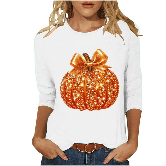Fall Shirts for Women Halloween Pumpkin Graphic Tees Thanksgiving Family Tops Cute 3/4 Sleeve Autumn Thanksgiving T-Shirt