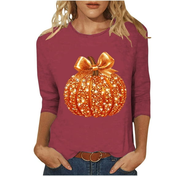 Fall Shirts for Women Halloween Pumpkin Graphic Tees Thanksgiving Family Tops Cute 3/4 Sleeve Autumn Thanksgiving T-Shirt