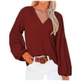 thumbnail image 1 of Fall Shirts for Women Long Lantern Sleeve Solid Henley V Neck T Shirts Tops Loose Office Blouses for Casual Work Womens Clothes, 1 of 6