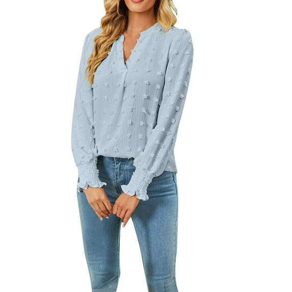 Fall Shirts for Women Long Puff Sleeve V Neck Solid Color Tops Swiss Dots Lightweight Thin Tunic Blouses T Shirts