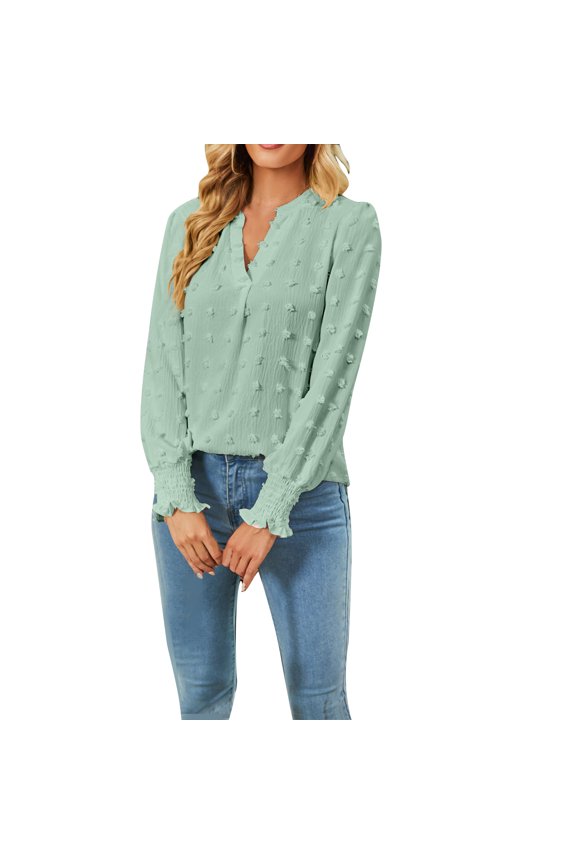 Fall Shirts for Women Long Puff Sleeve V Neck Solid Color Tops Lightweight Thin Tunic Blouses T Shirts