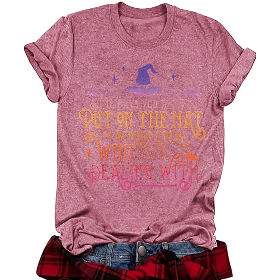 Fall Shirts for Women Short Sleeve Witch Hocus Pocus Printed Crew Neck Halloween Tops Loose Fit Tops Casual Y2K Blouses