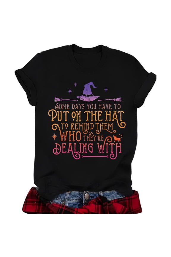 Fall Shirts for Women Short Sleeve Witch Hocus Pocus Printed Crew Neck Halloween Tops Loose Fit Tops Casual Y2K Blouses