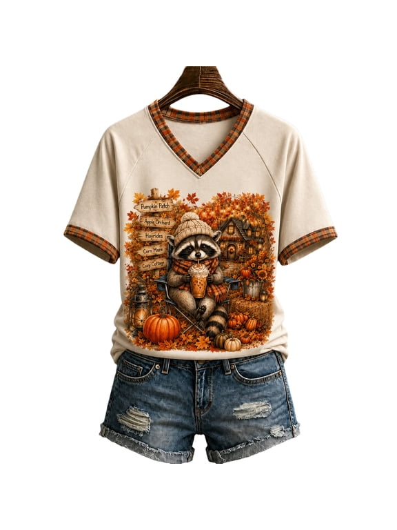 Fall Shirts for Women Thanksgiving's Day Pumpkin Print Loose Comfy Short Sleeve Tunic Tops Holiday Trendy Tee Tops