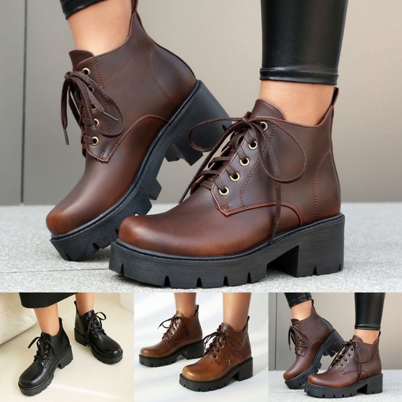 Fall Short Riding Boots for Women Platform Lug Sole Chunky Heel Lace up Ankle Boots Classic Round Toe Wide Width High Top Oxofrd Shoes