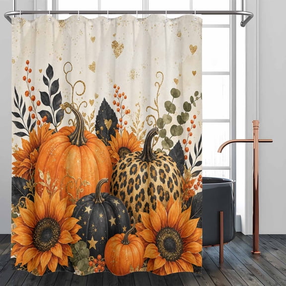 Fall Shower Curtain 60" x 72", Leopard Pumpkin Fall Bathroom Shower Curtain, Waterproof Polyester Fabric Bath Curtain with Hooks for Animal Print Fall Bathroom Decor