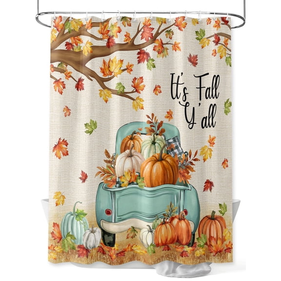 Fall Shower Curtain 72"W x 78"L Car with Pumpkin Maple Leaf Autumn Vintage Linen Fabric Shower Curtains Set with Hooks Water Repellent Bathroom Curtains Machine Washable Bathroom Accessories
