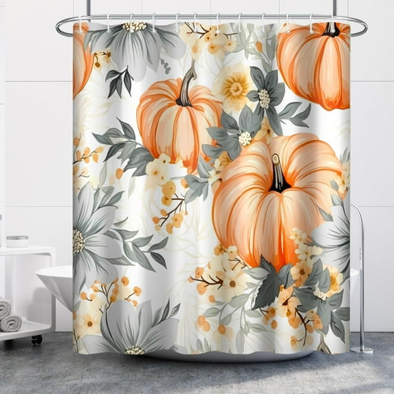 Fall Shower Curtain 72x84inches Beige Grey Flowers Leaves Shower Curtain Set with Hooks Orange Harvest Pumpkins Waterproof Fabric Shower Curtains for Bathroom