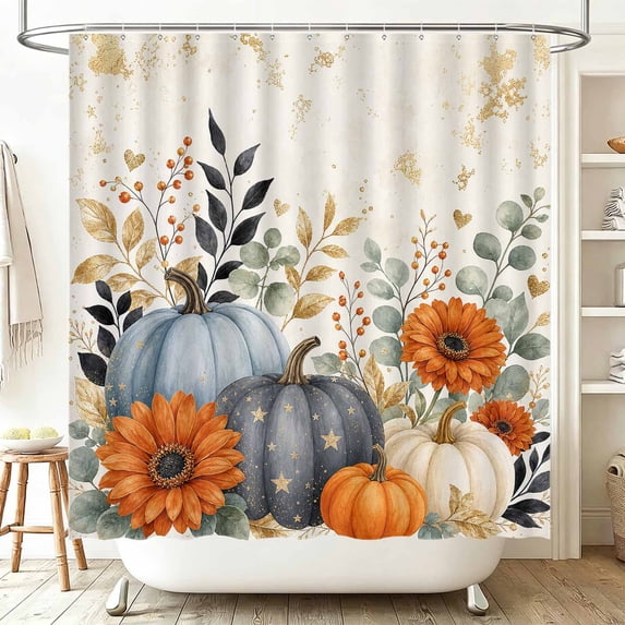 Fall Shower Curtain 78" x 72", Blue Gray Pumpkin Floral Bathroom Shower Curtain, Waterproof Polyester Fabric Bath Curtain with Hooks for Autumn Farmhouse Bathroom Decor
