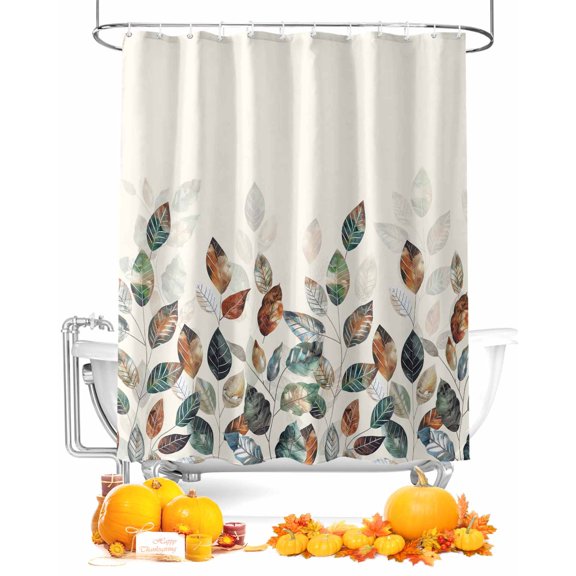 Fall Shower Curtain Autumn Colorful Leaves Bathroom Curtains with Hooks, Waterproof Fabric Plant Beige Thanksgiving Bath Shower Curtains Set for Bathroom Bathtubs Decor 72x72 Inch