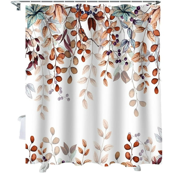 Fall Shower Curtain Autumn Eucalyptus Leaf Shower Curtains for Bathroom Watercolor Leaves Bath Curtains Sets with Hooks for Autumn Thanksgiving Seasonal Decor Polyester Waterproof Extra Long 84" X 72"