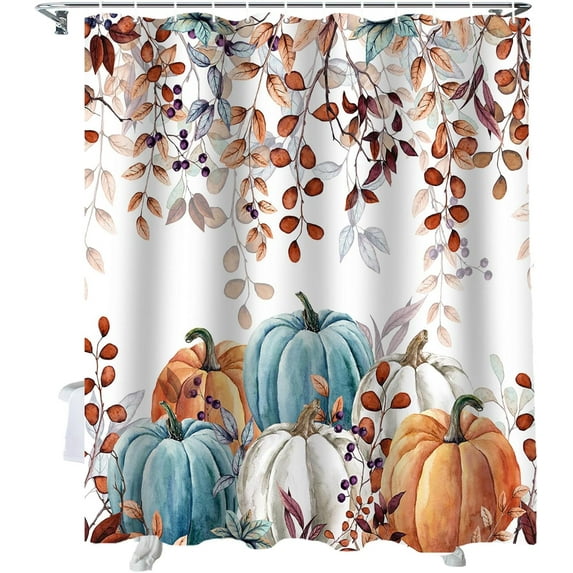 Fall Shower Curtain Autumn Eucalyptus Leaf Shower Curtains for Bathroom Watercolor Pumpkin Bath Curtains Sets for Autumn Thanksgiving Seasonal Bathroom Decor Polyester Fabric Waterproof 72 x 84 in