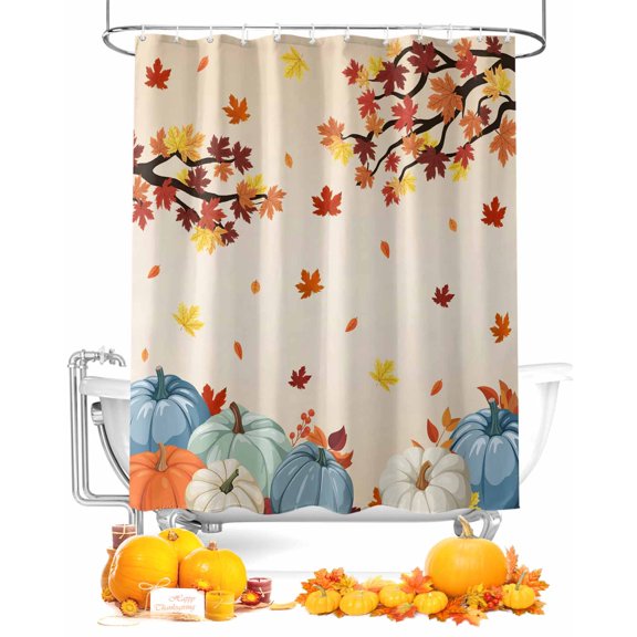 Fall Shower Curtain Autumn Harvest Pumpkin Bathroom Curtains with Hooks, Waterproof Fabric Fallen Maple Leaves Thanksgiving Bath Shower Curtains Set for Bathroom Bathtubs Decor 72x72 Inch