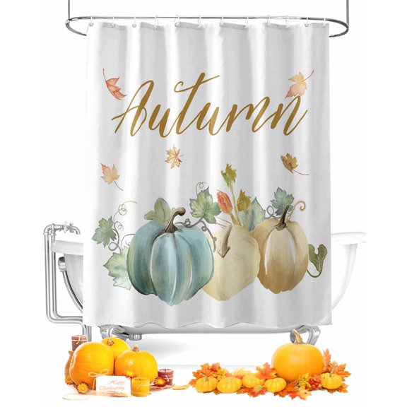 Fall Shower Curtain Autumn Harvest Pumpkins Bathroom Curtains with Hooks, Waterproof Fabric Maple Leaves Thanksgiving Bath Shower Curtains Set for Bathroom Bathtubs Decor 72x72 Inch