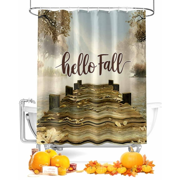 Fall Shower Curtain Autumn Lake Forest Bathroom Curtains with Hooks, Waterproof Fabric Pier Bridge Hello Fall Thanksgiving Bath Shower Curtains Set for Bathroom Bathtubs Decor 72x72 Inch