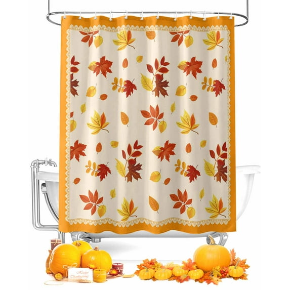 Fall Shower Curtain Autumn Maple Leaves Bathroom Curtains with Hooks, Waterproof Fabric Orange Yellow Fallen Leaf Thanksgiving Bath Shower Curtains Set for Bathroom Bathtubs Decor 72x72 Inch