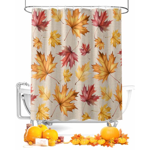 Fall Shower Curtain Autumn Maple Leaves Bathroom Curtains with Hooks, Waterproof Fabric Orange Yellow Leaf Linen Thanksgiving Bath Shower Curtains Set for Bathroom Bathtubs Decor 72x72 Inch