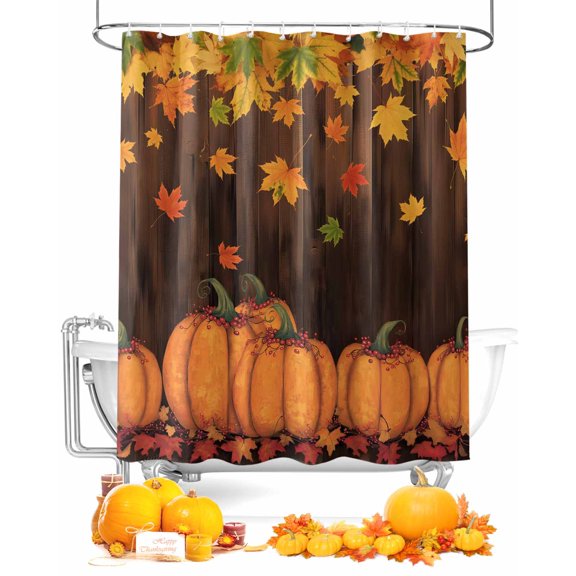 Fall Shower Curtain Autumn Pumpkin Bathroom Curtains with Hooks, Waterproof Fabric Fallen Maple Leaf Wood Grain Thanksgiving Bath Shower Curtains Set for Bathroom Bathtubs Decor 72x72 Inch
