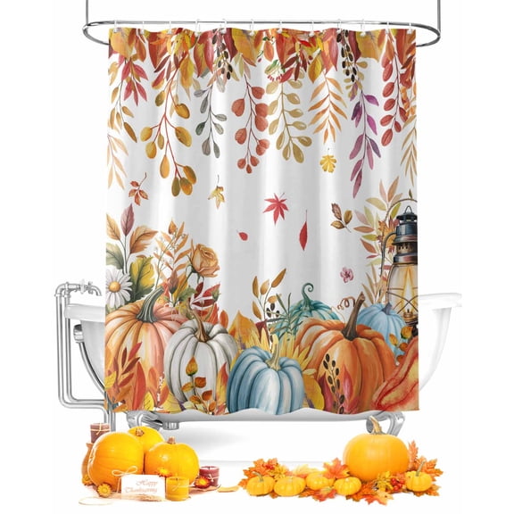 Fall Shower Curtain Autumn Pumpkin Bathroom Curtains with Hooks, Waterproof Fabric Fallen Orange Maple Leaves Thanksgiving Bath Shower Curtains Set for Bathroom Bathtubs Decor 72x72 Inch