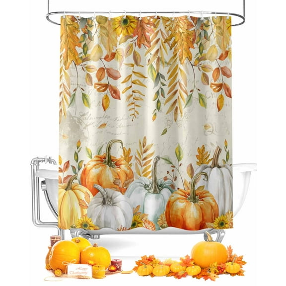Fall Shower Curtain Autumn Pumpkin Bathroom Curtains with Hooks, Waterproof Fabric Sunflower Eucalyptus Leaves Thanksgiving Bath Shower Curtains Set for Bathroom Bathtubs Decor 72x72 Inch