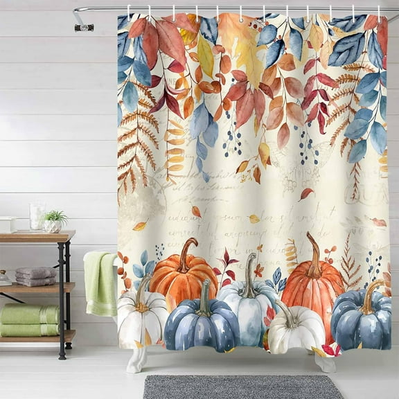 Fall Shower Curtain Autumn Pumpkin Thanksgiving Shower Curtains for Bathroom Fall Leaves Bath Curtains Sets with Hooks for Autumn Thanksgiving Seasonal Decor Fabric Waterproof Standard 72" X 72"