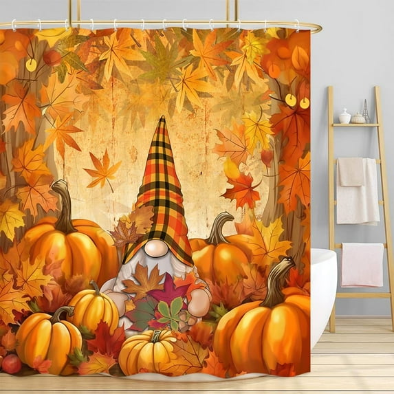 Fall Shower Curtain, Autumn Pumpkins Thanksgiving Bath Curtain, Farmhouse Maple Leaves on Rustic Wooden Board Bathroom Accessories Buffalo Plaid Gnomes for Bathroom Curtain Liner with Hooks, 72x72IN