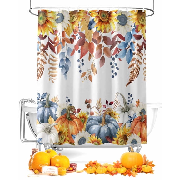 Fall Shower Curtain Autumn Sunflower Leaves Bathroom Curtains with Hooks, Waterproof Fabric Orange Blue Pumpkin Thanksgiving Bath Shower Curtains Set for Bathroom Bathtubs Decor 72x72 Inch