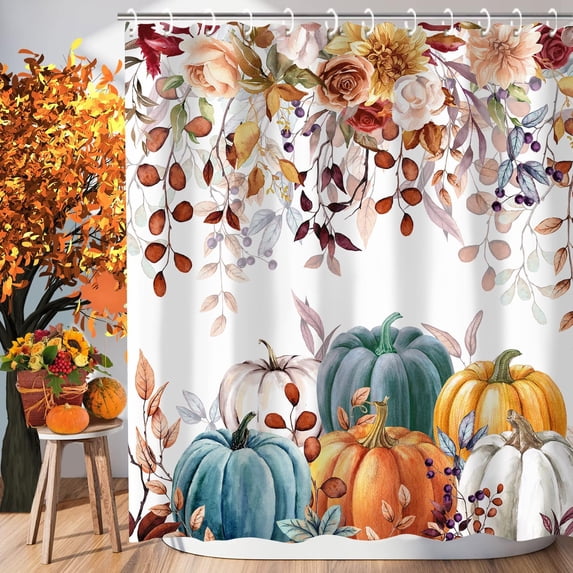 Fall Shower Curtain, Autumn Thanksgiving Pumpkin Shower Curtain Set with 12 Hooks, Fall Shower Curtains for Bathroom Decor, 72x72 Inch