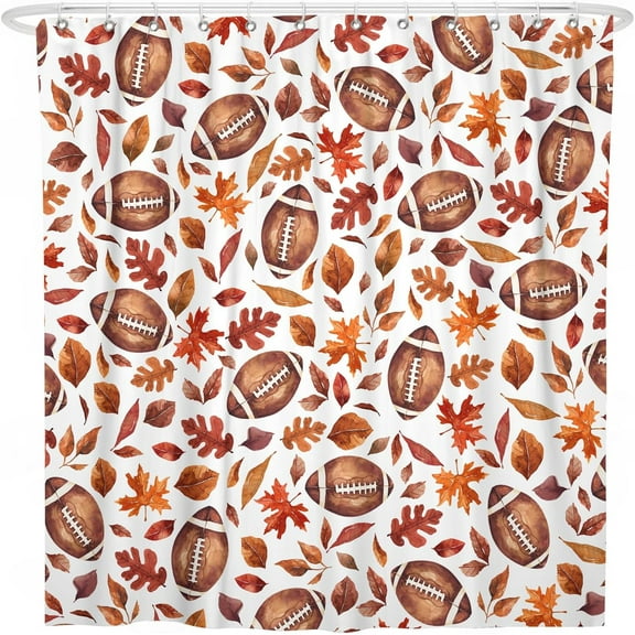 Fall Shower Curtain for Bathroom,Football with Maple Leaves Farmhouse Shower Curtain with Hooks,Thanksgiving Polyester Fabric Shower Curtains Machine Washable Waterproof Bath Decor 72" x 72"