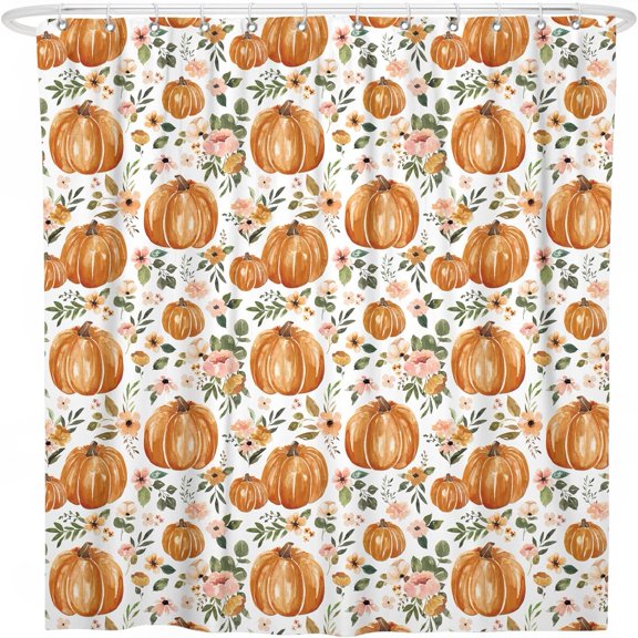 Fall Shower Curtain for Bathroom,Orange Pumpkin Pink Flower Farmhouse Shower Curtain with Hooks,Thanksgiving Polyester Fabric Shower Curtains Machine Washable Waterproof Bath Decor 72" x 72"