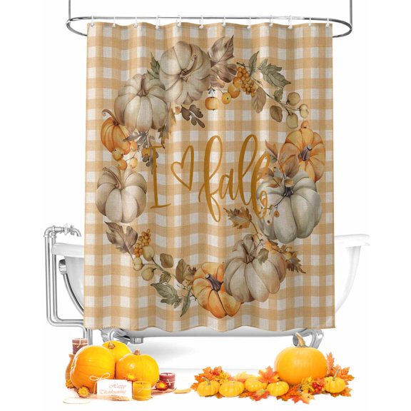 Fall Shower Curtain Berry Pumpkin Leaf Bathroom Curtains with Hooks, Waterproof Fabric Buffalo Plaid Thanksgiving Bath Shower Curtains Set for Bathroom Bathtubs Decor 72x72 Inch