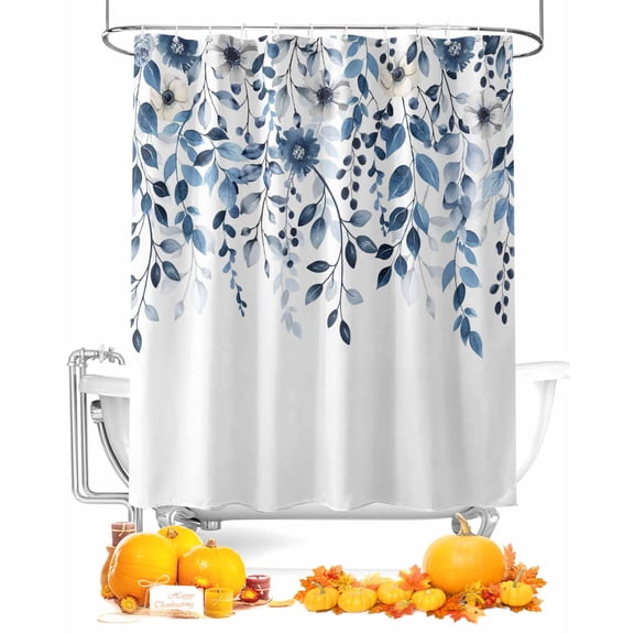 Fall Shower Curtain Blue Eucalyptus Leaves Bathroom Curtains with Hooks, Waterproof Fabric Autumn Flower Leaf Thanksgiving Bath Shower Curtains Set for Bathroom Bathtubs Decor 72x72 Inch
