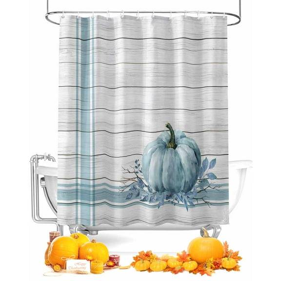 Fall Shower Curtain Blue Pumpkin Bathroom Curtains with Hooks, Waterproof Fabric Autumn Leaf Stripes Wood Thanksgiving Bath Shower Curtains Set for Bathroom Bathtubs Decor 36x72 Inch